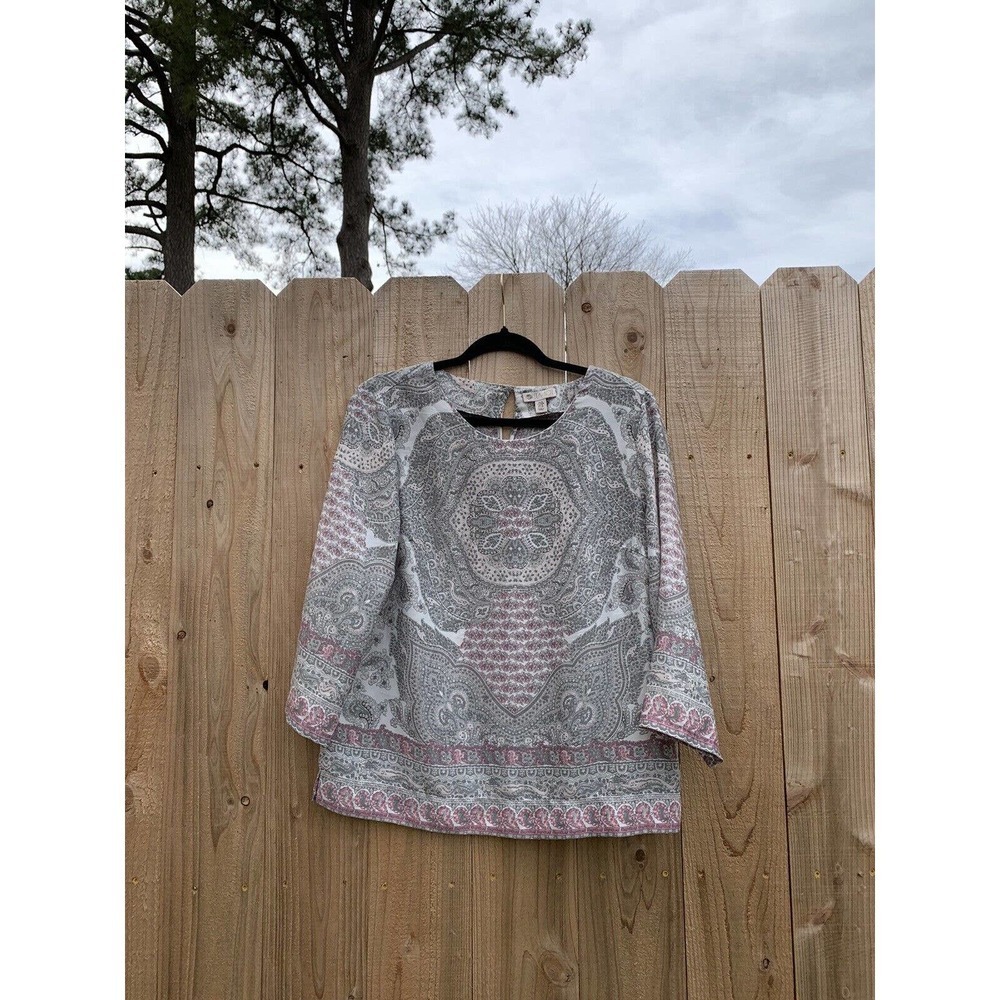 LILA ROSE Women's Multicolor Blouse Paisley 3/4 Sleeve Boat Neck Casual Medium